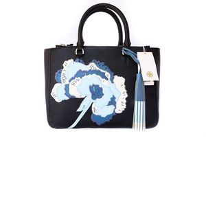 Tory Burch Robinson Floral Appliqué Tote Shoulder Handbag Black Blue Purse New